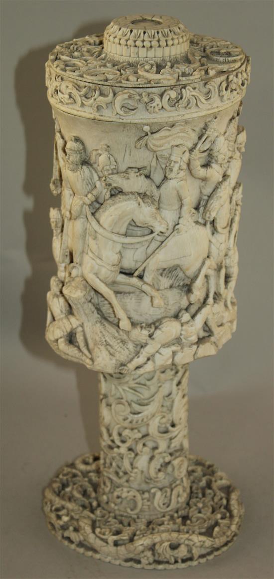 A large 19th century North European carved ivory vase and cover, probably German, 15in.